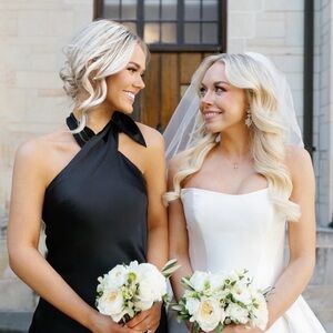 DRAPED TWIST HALTER TIE-BACK TRUMPET GOWN IN BLACK